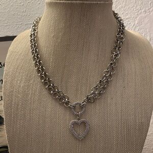 Park Lane Silver-Tone Double Chain Necklace with Crystal Heart Pendant